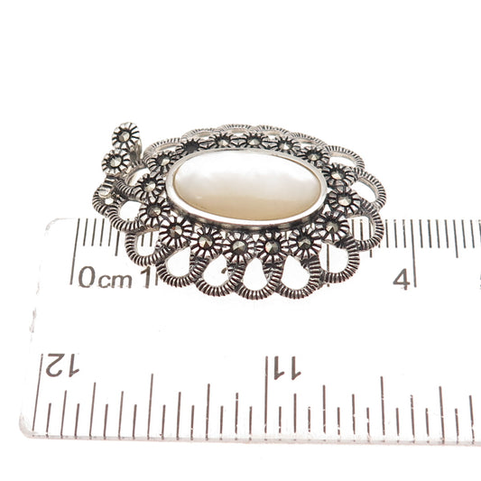 925 Sterling Silver Vintage Real MOP Marcasite Oxidized Pendant (missing stone)