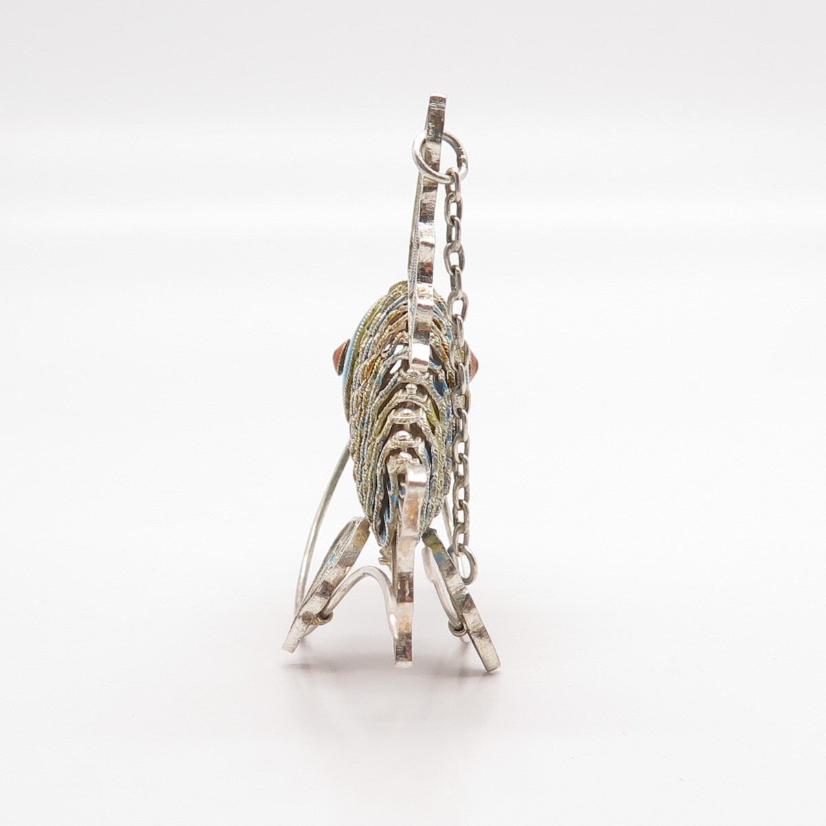 925 Sterling Silver Antique Enamel Articulated Koi Fish Chatelaine Fob Pendant
