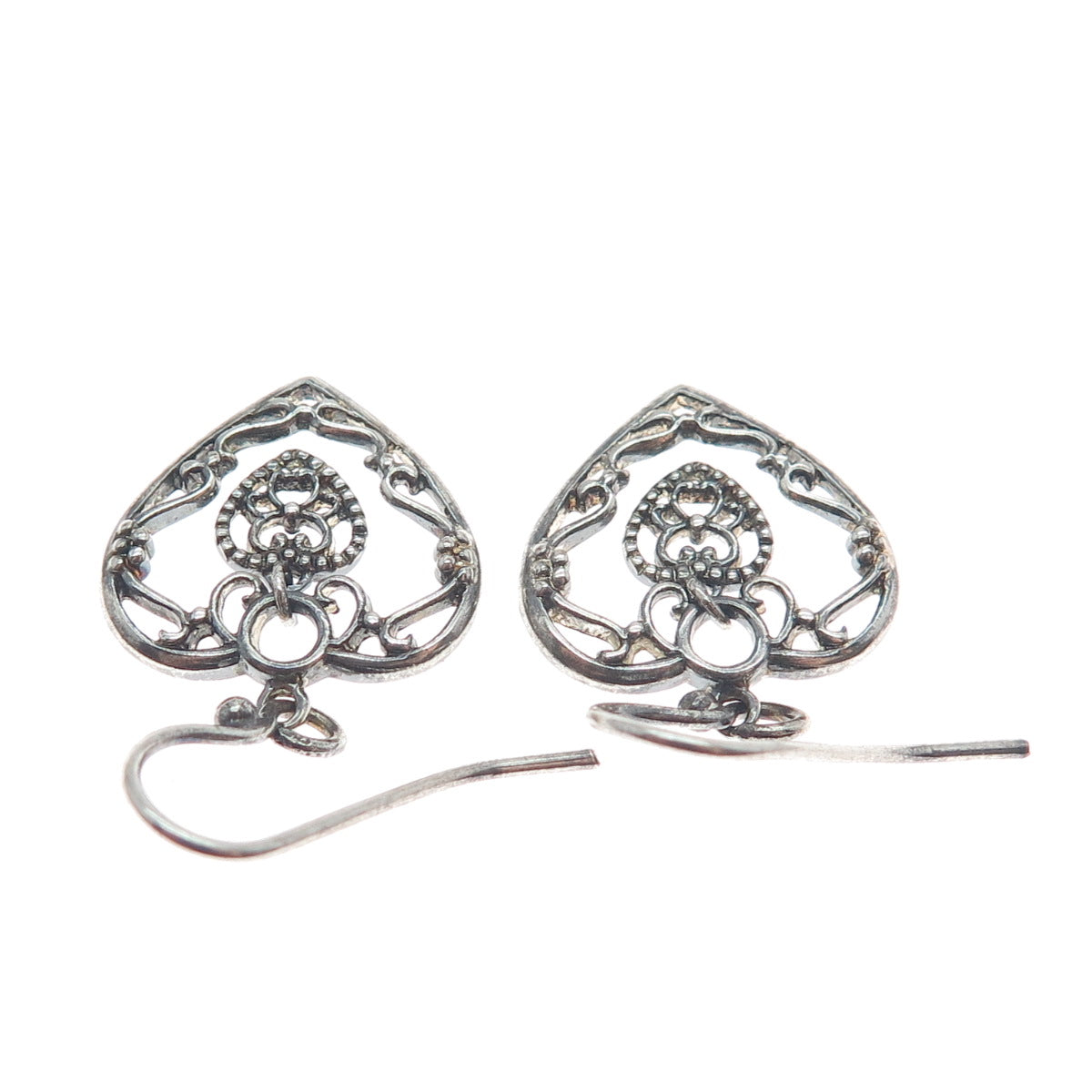925 Sterling Silver Vintage Ornate Heart & Flower Dangle Earrings