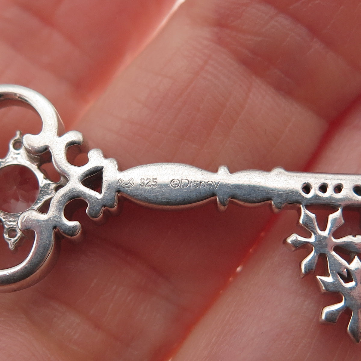 DISNEY 925 Sterling Silver Real Round-Cut Diamond & Aquamarine Key Slide Pendant