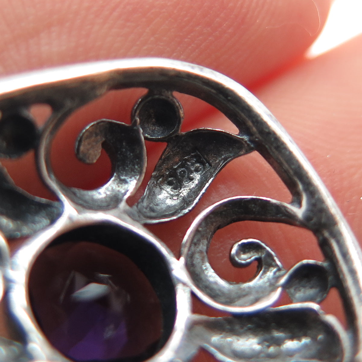 925 Sterling Silver Vintage Real Amethyst Floral Oxidized Dangle Earrings