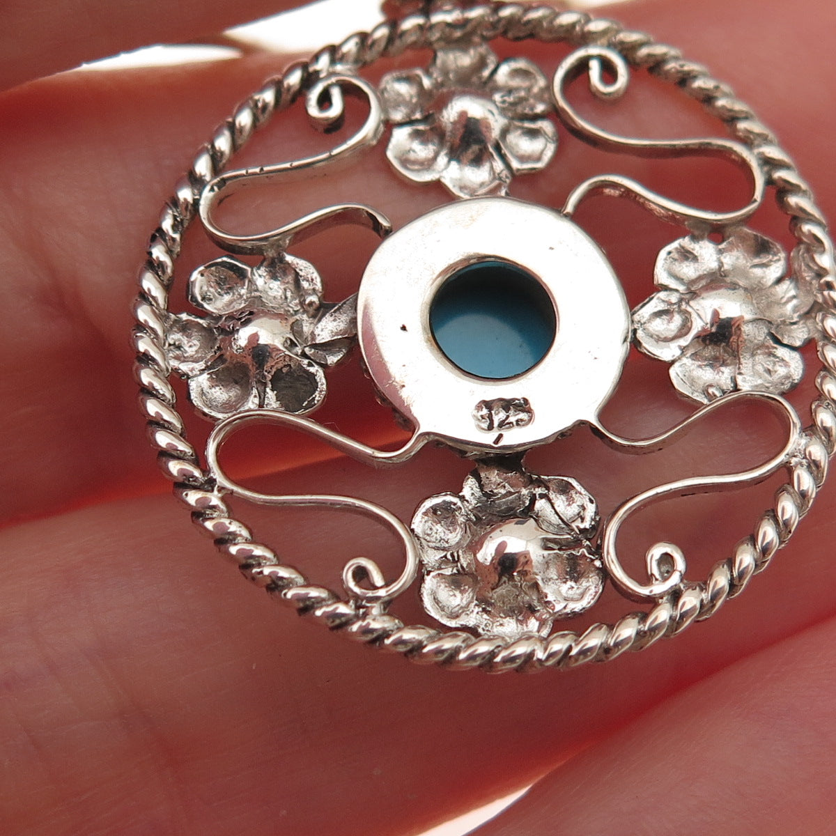 925 Sterling Silver Vintage Real Turquoise Floral Oxidized Dangle Earrings