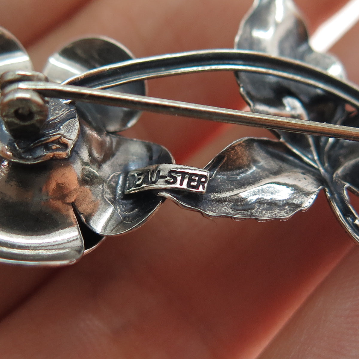 BEAU 925 Sterling Silver Vintage Rose Flower Oxidized Pin Brooch