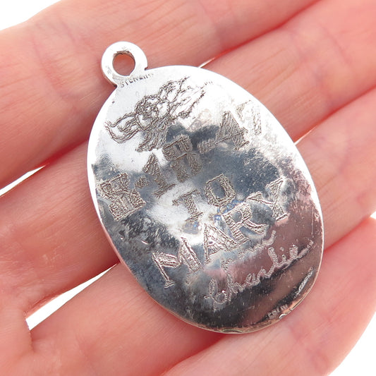 925 Sterling Silver Antique Art Deco St. Bernard Medal Oxidized Charm Pendant