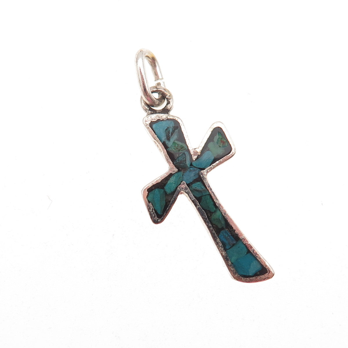 Old Pawn 925 Sterling Silver Vintage Turquoise Inlay Cross Tribal Charm Pendant