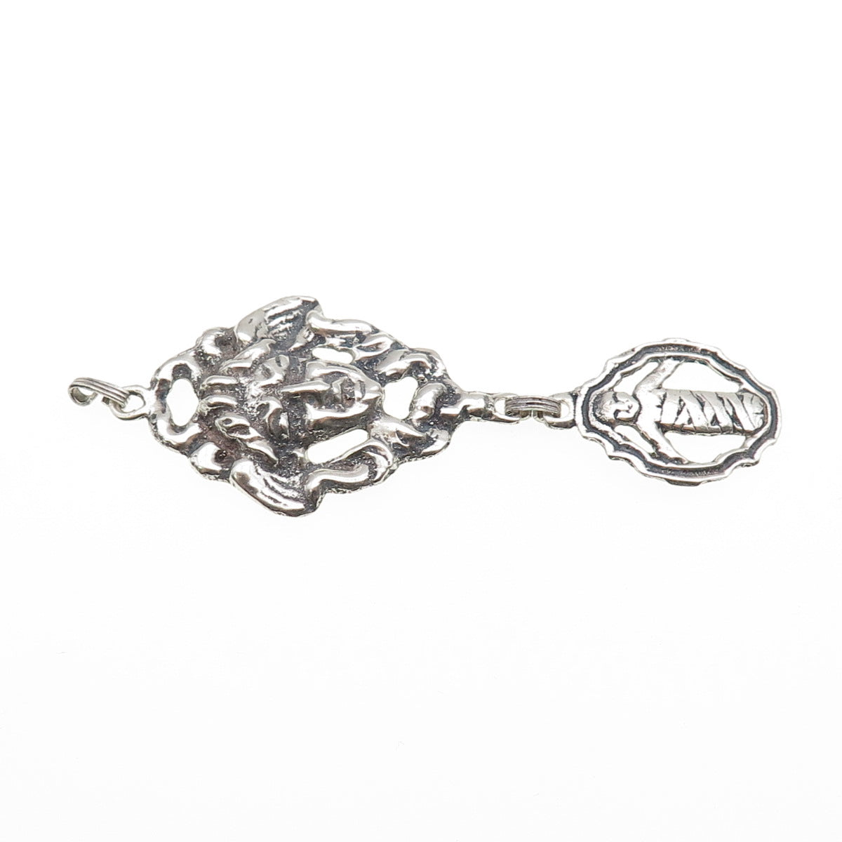 925 Sterling Silver Antique Art Deco Jesus & Cherub Oxidized Pendant