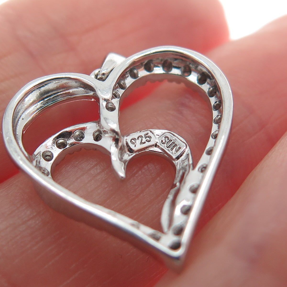 SUN 925 Sterling Silver Real Round-Cut Diamond Double Heart Minimalist Pendant