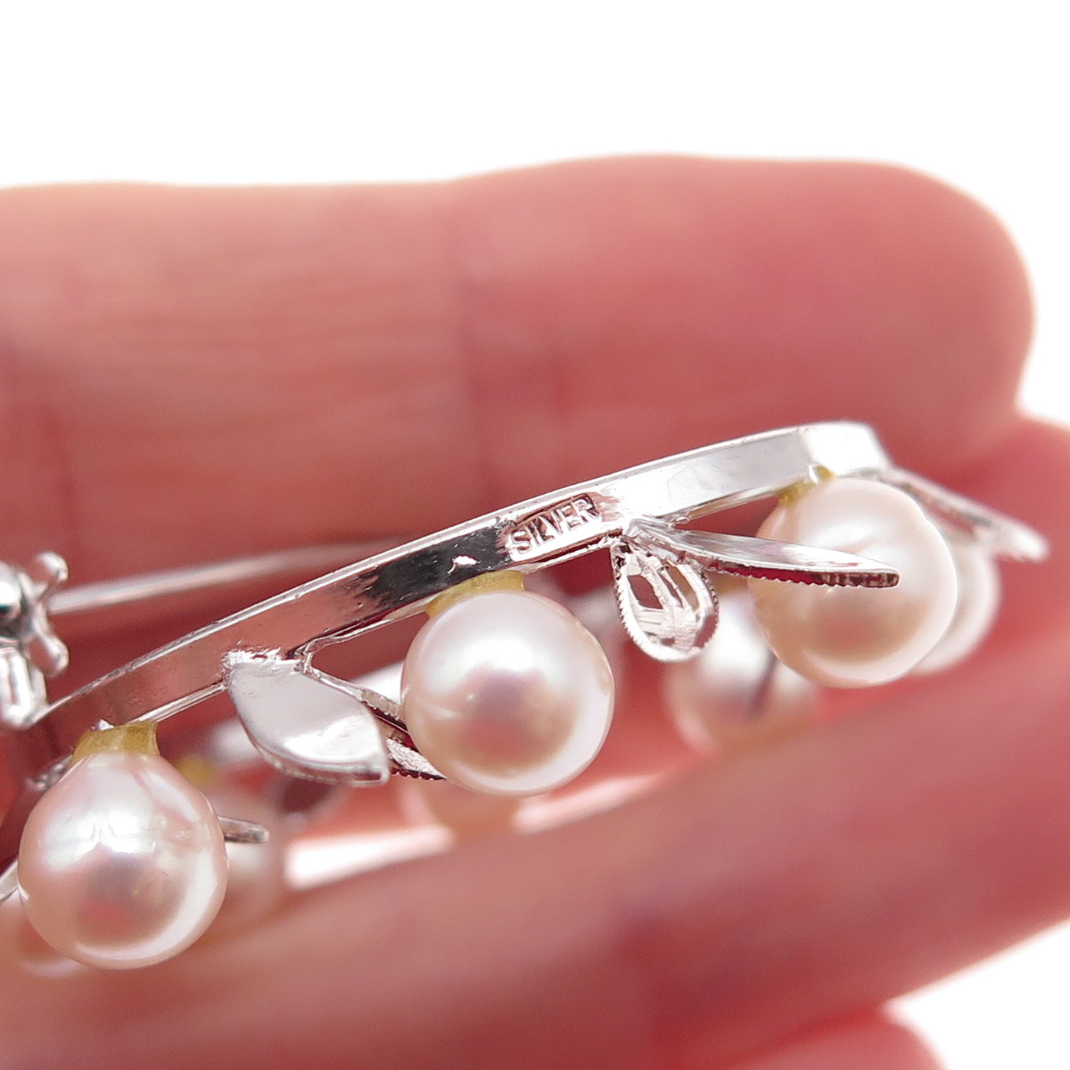 925 Sterling Silver Antique Art Deco Real Akoya Pearl Floral Circle Pin Brooch