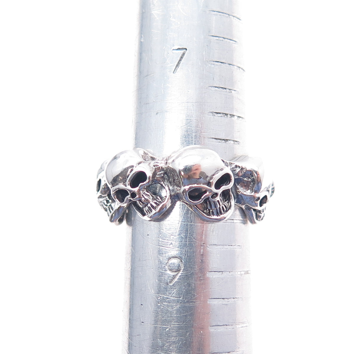 925 Sterling Silver Vintage Skull All Around Biker Ring Size 8.25