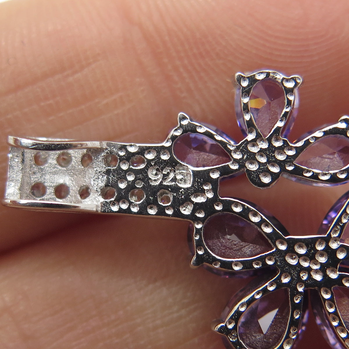 925 Sterling Silver Purple & White C Z Floral Pendant