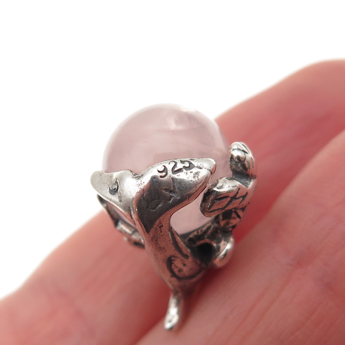 925 Sterling Silver Vintage Real Rose Quartz Dolphin Oxidized Charm Pendant