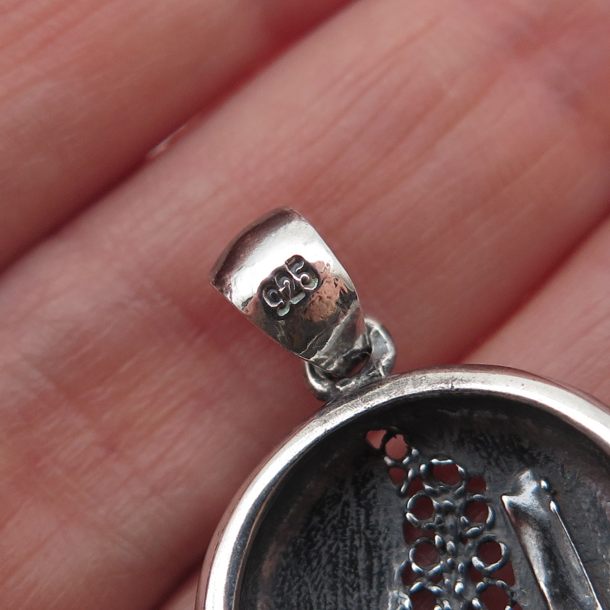 925 Sterling Silver Vintage Modernist Floral Filigree Oxidized Charm Pendant