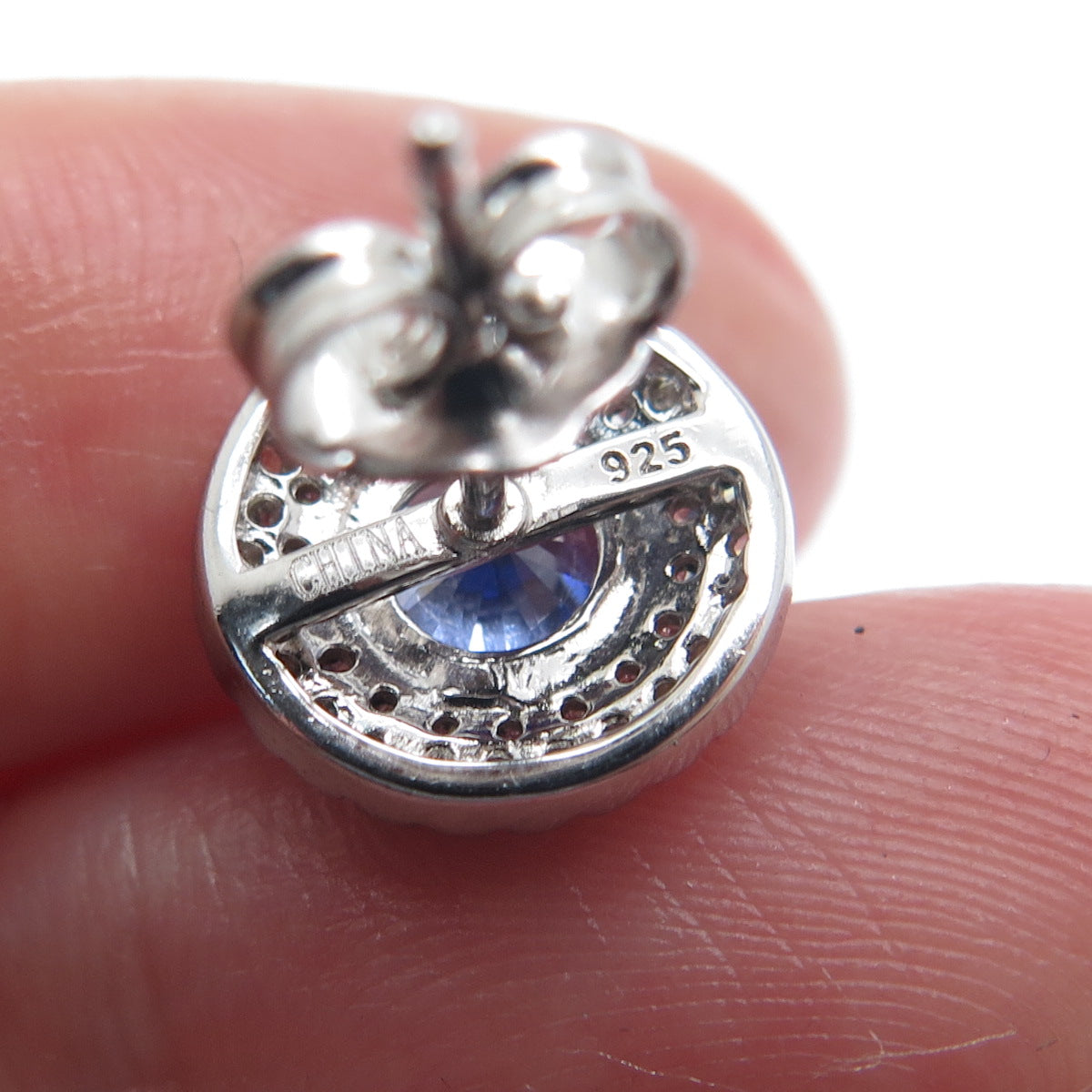925 Sterling Silver Round-Cut Blue & White C Z Stud Earrings
