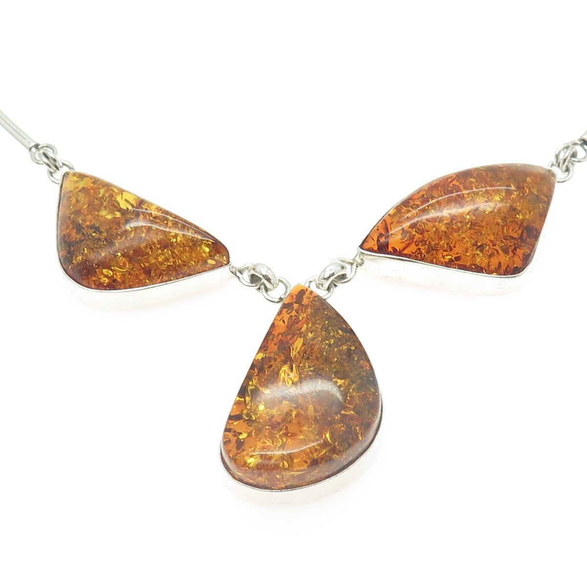 925 Sterling Silver Vintage Real Amber Modernist Tube Chain Necklace 18"