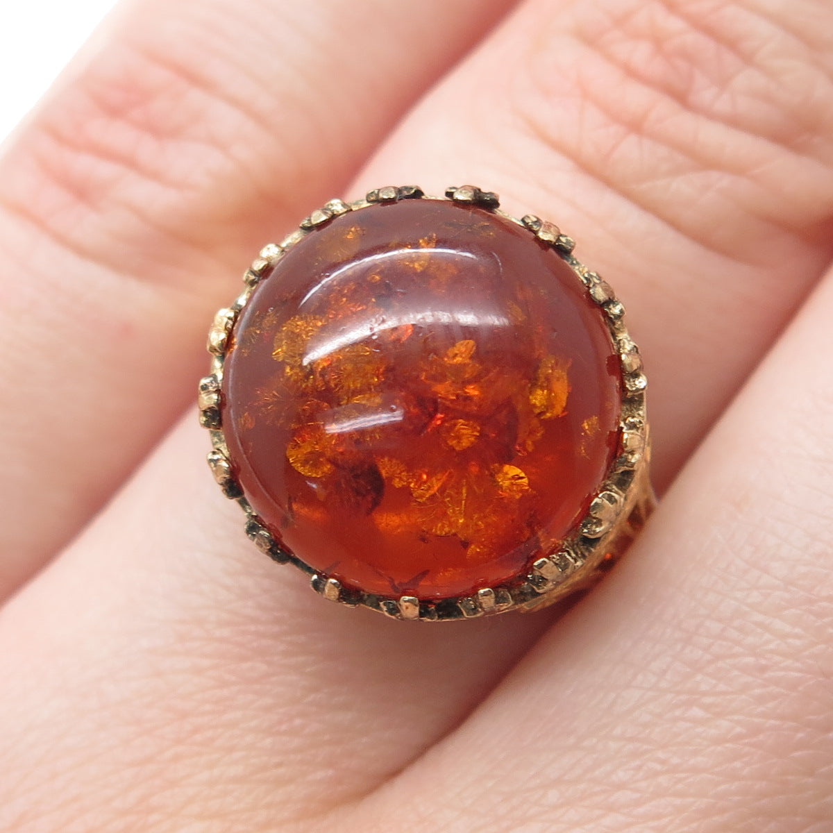 925 Sterling Silver Gold Plated Real Amber Crown Ring Size 6.25