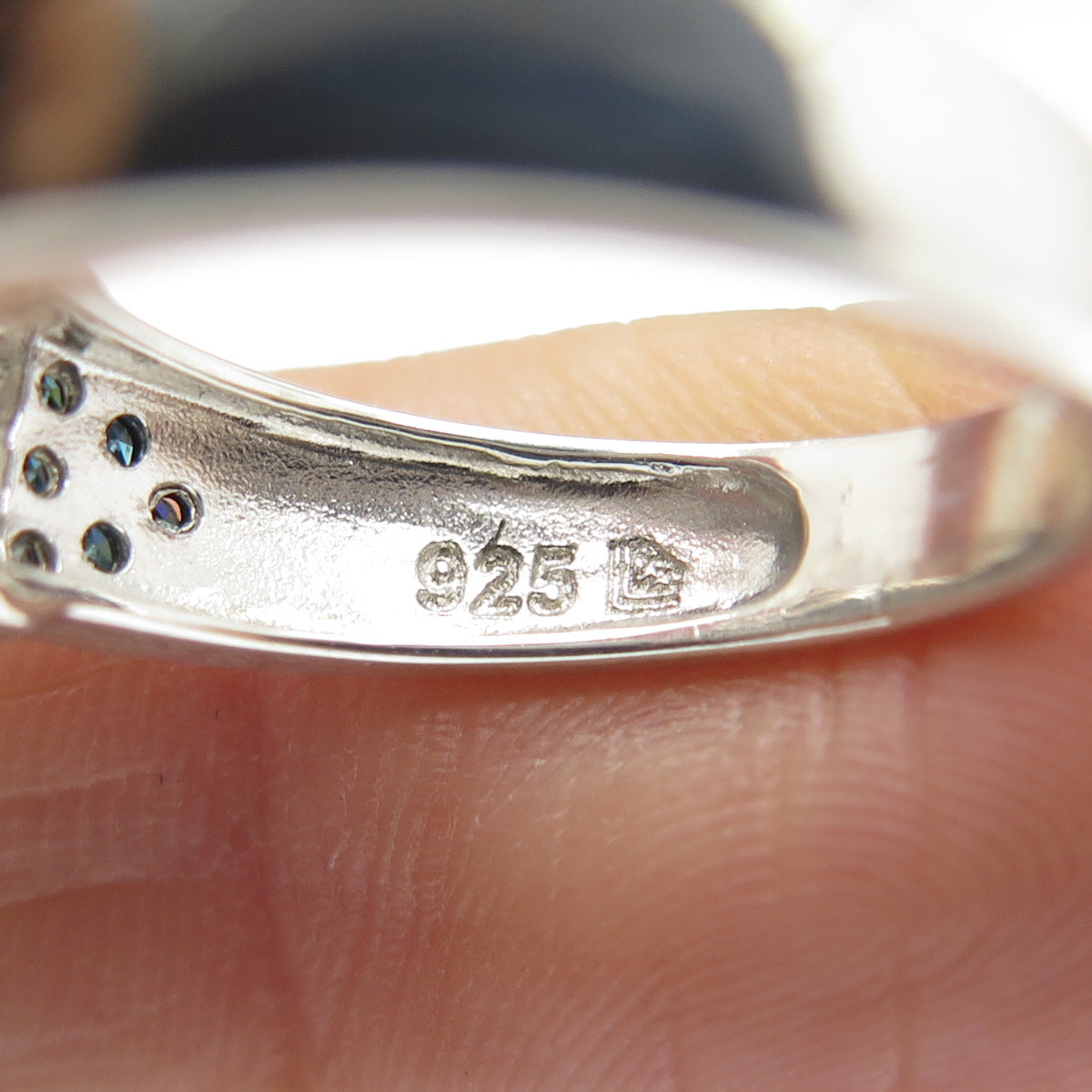 925 Sterling Silver Real Blue & White Diamond Belt Buckle Ring Size 6.25
