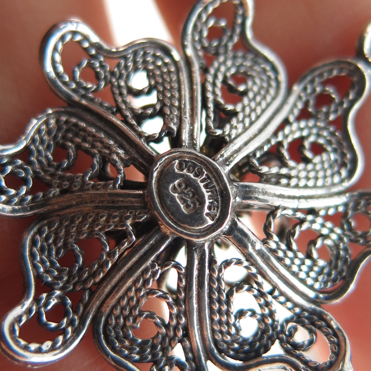925 Sterling Silver Vintage Modernist Flower Filigree Oxidized Jacket Earrings