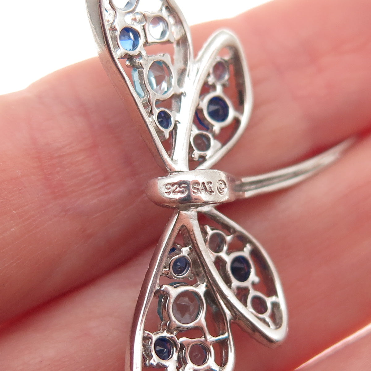 Sai 925 Sterling Silver Round-Cut Blue & White C Z Dragonfly Slide Charm Pendant