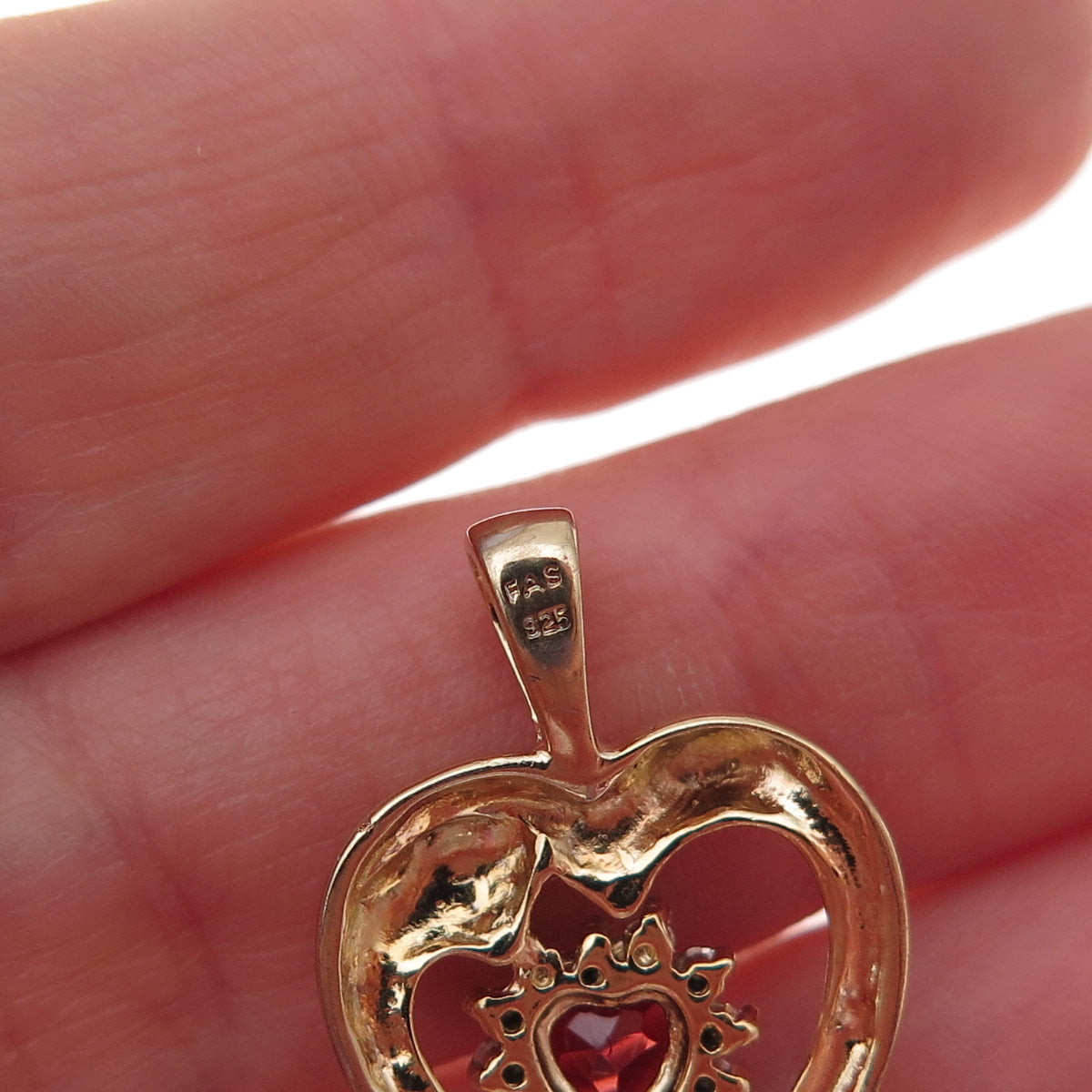 925 Sterling Silver Gold Plated Real Diamond Accent & Red Garnet Heart Pendant