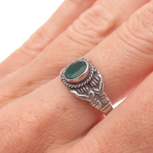 925 Sterling Silver Vintage Real Green Onyx Floral Oxidized Ring Size 8.5