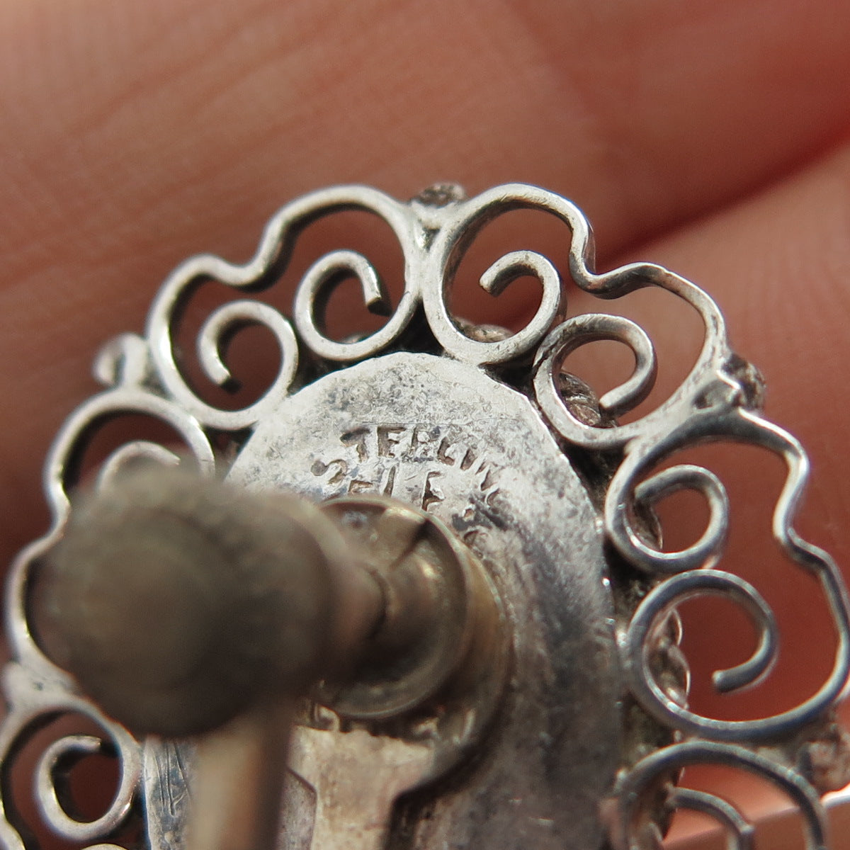 925 Sterling Silver Vintage Mexico Real Green Onyx Filigree Screw Back Earrings