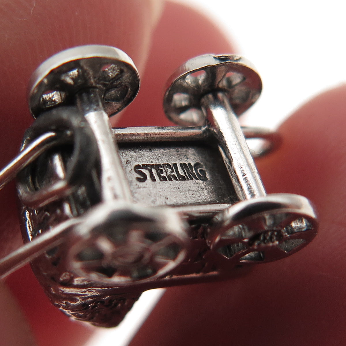 925 Sterling Silver Vintage Baby Stroller Oxidized 3D Mini Charm Pendant