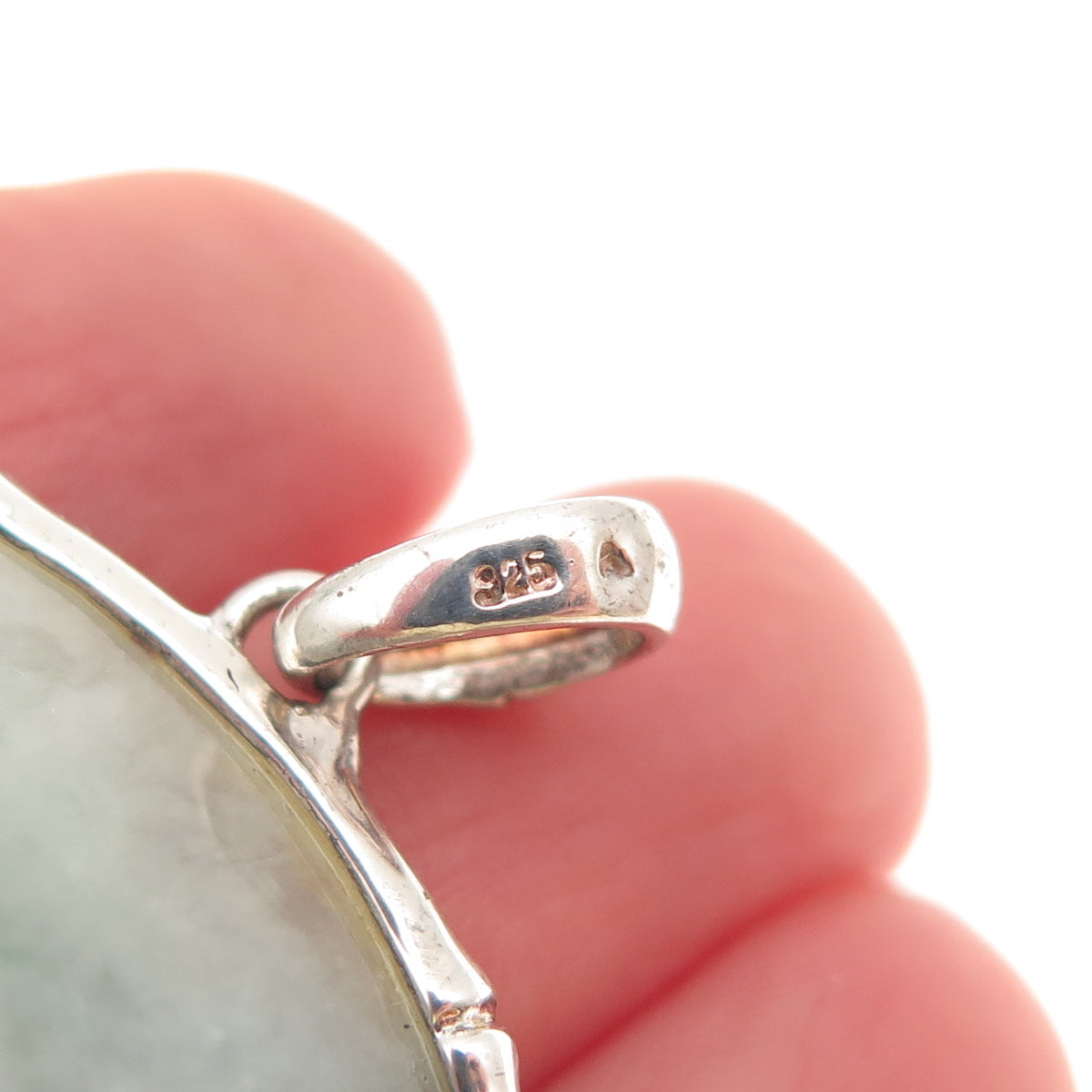 925 Sterling Silver Vintage Real Jade Bamboo Large 31.3g Pendant