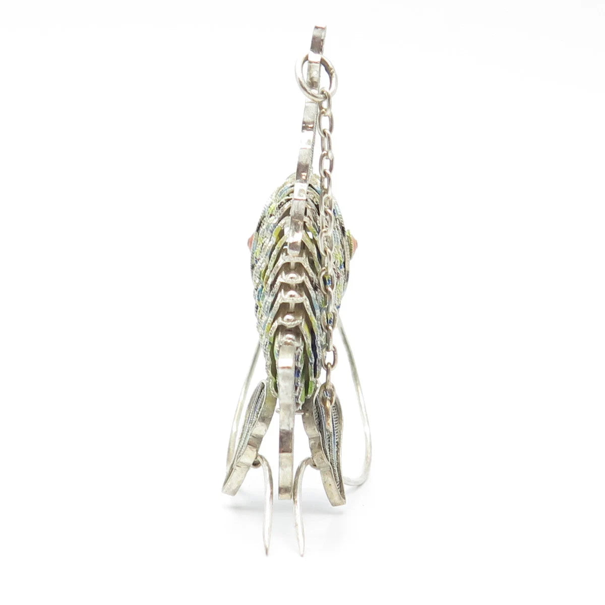 925 Sterling Silver Antique Enamel Chinese Koi Fish Articulated Chatelaine Fob