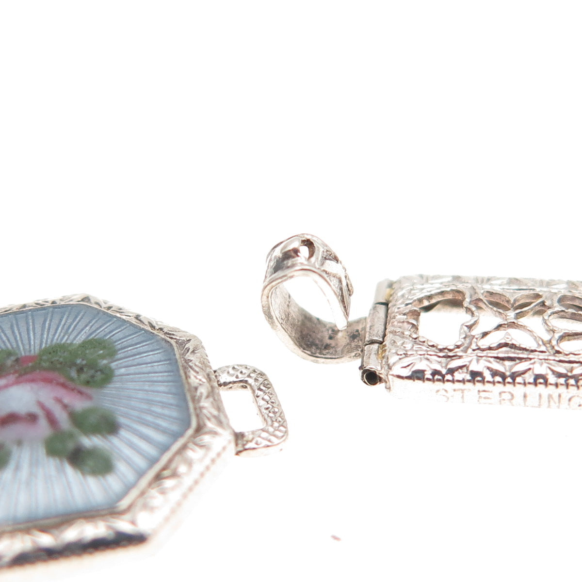 925 Sterling Antique Art Deco Enamel Floral Filigree Bracelet 7.25" missing lock