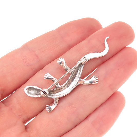 925 Sterling Silver Vintage Real Marcasite Lizard Oxidized Pin Brooch