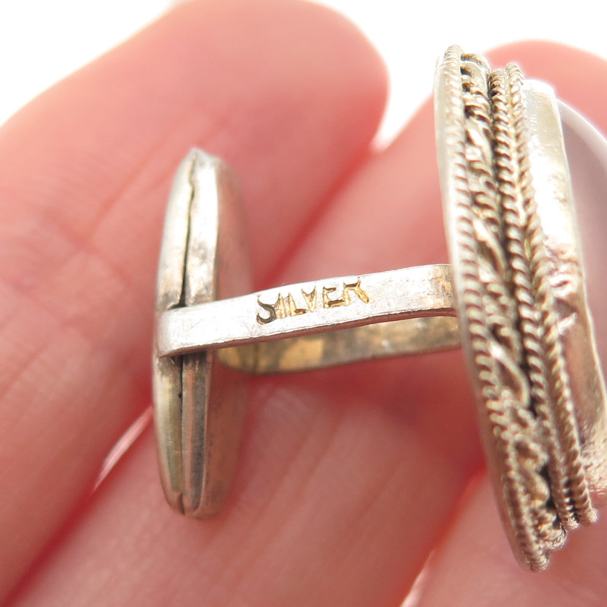 925 Sterling Silver Gold Plated Antique China Real Rose Quartz Cufflinks