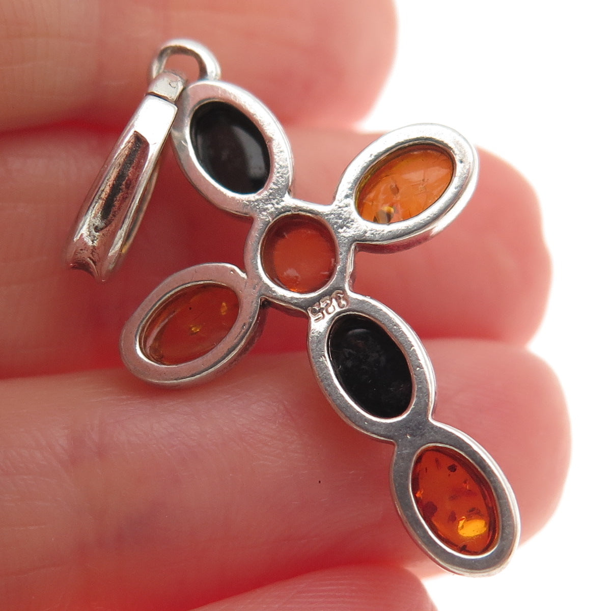 925 Sterling Silver Vintage Real Amber Cross Charm Pendant
