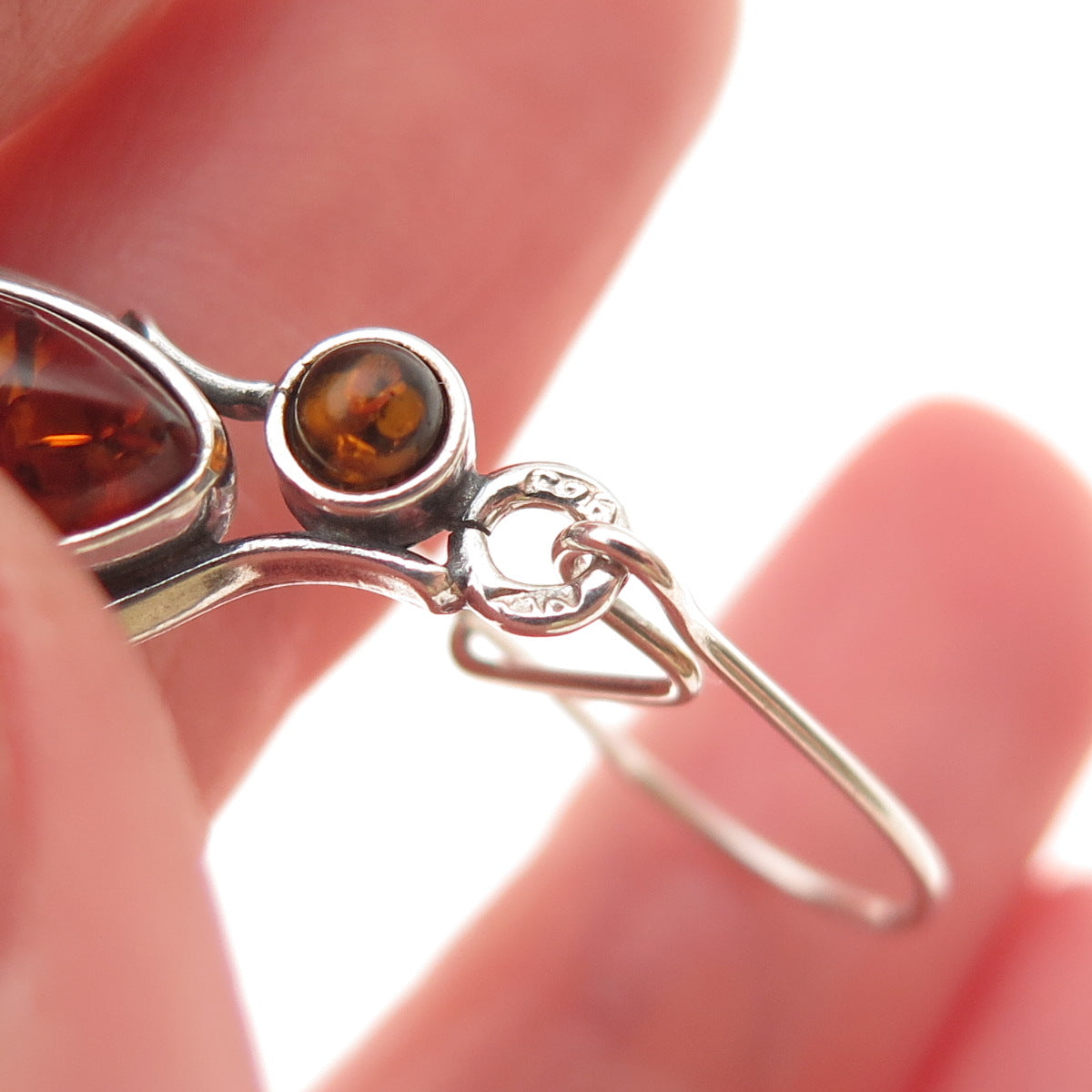 925 Sterling Silver Vintage Real Amber Modernist Dangle Earrings
