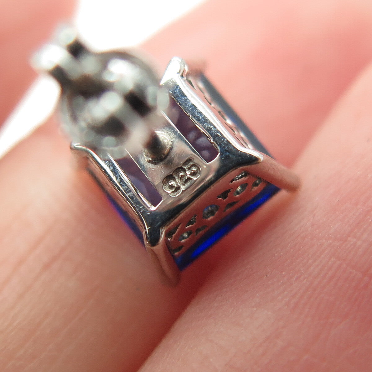 925 Sterling Silver Princess-Cut Blue C Z Stud Earrings