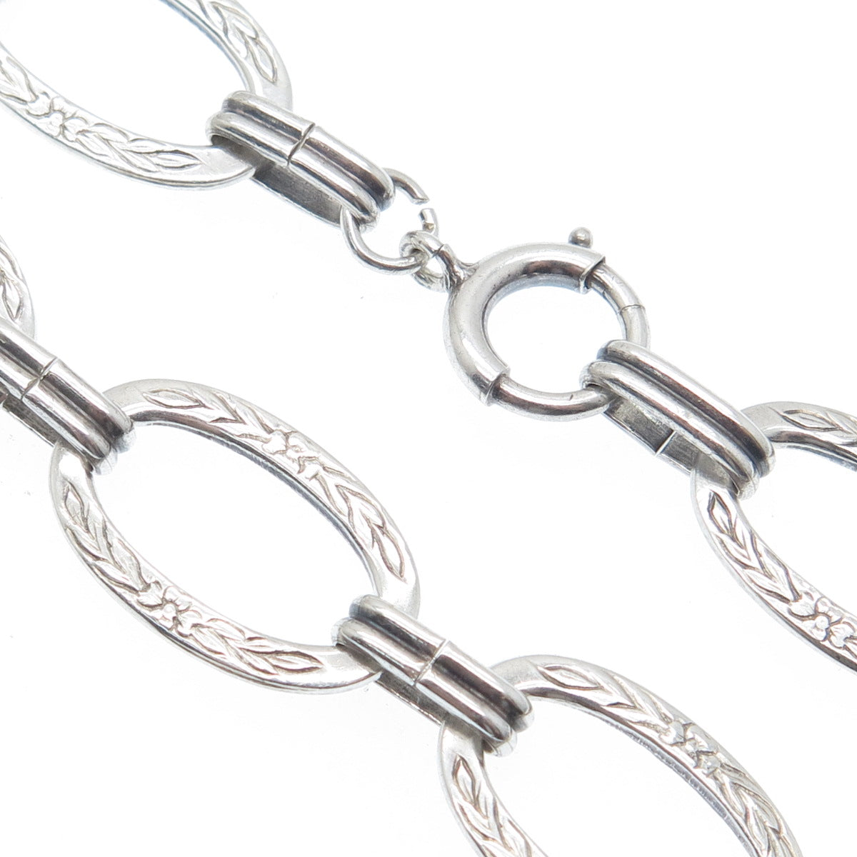 925 Sterling Silver Antique Art Deco Engraved Flower Oval Link Bracelet 6.75"