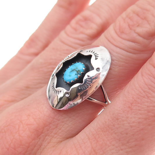 Old Pawn 925 Sterling Silver Vintage Turquoise Concho Shadow Box Ring Size 6
