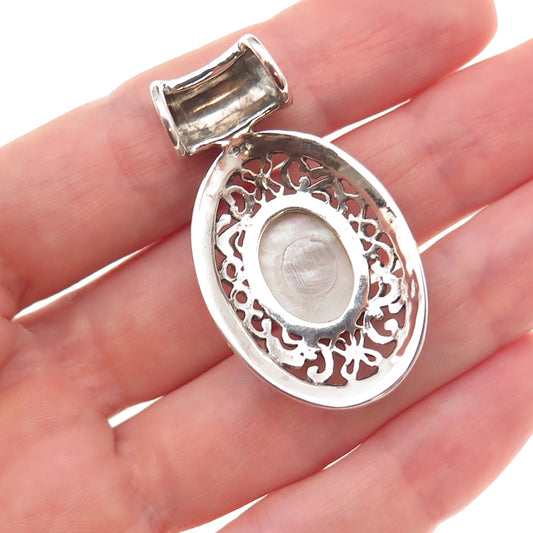 925 Sterling Silver Vintage Real MOP & Marcasite Oxidized Slide Charm Pendant