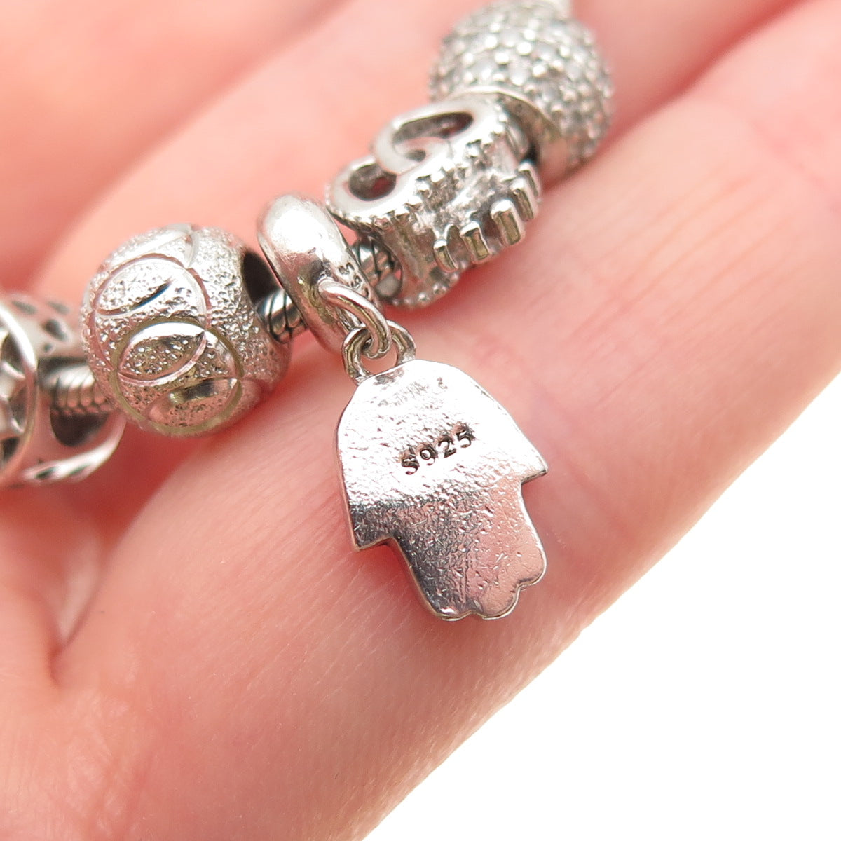 925 Sterling Silver Enamel & C Z Hamsa Multi-Charm Snake Link Bracelet 7"