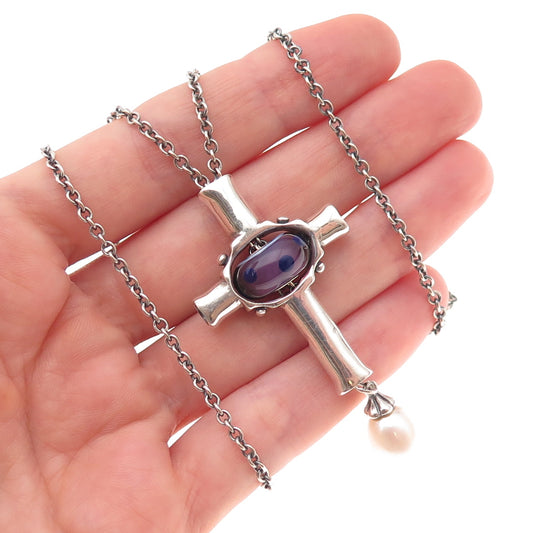 Trollbeads Sterling Silver Real Pearl & Murano Glass Cross Chain Necklace 36"