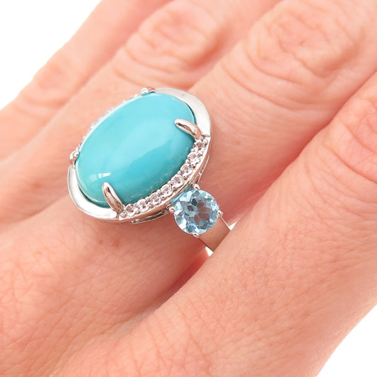 925 Sterling Real Sleeping Beauty Turquoise Blue & White Topaz Ring Size 8