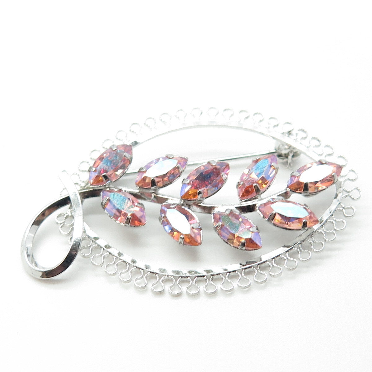 STAR-ART 925 Sterling Silver Antique Art Deco Pink Rhinestone Pin Brooch