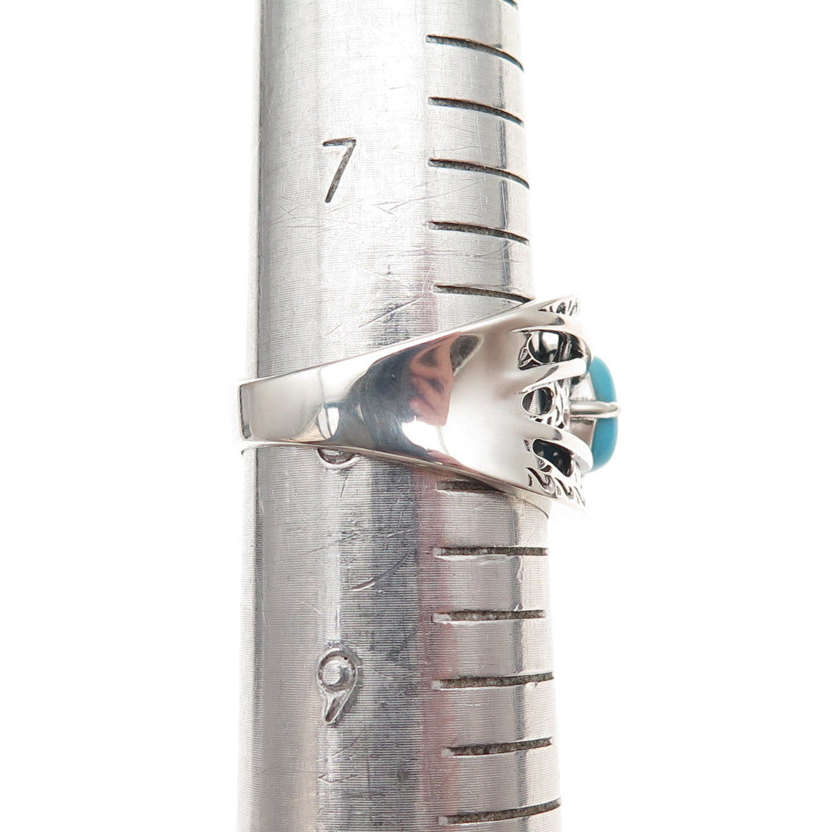 925 Sterling Silver Real Sleeping Beauty Turquoise Floral Oxidized Ring Size 8
