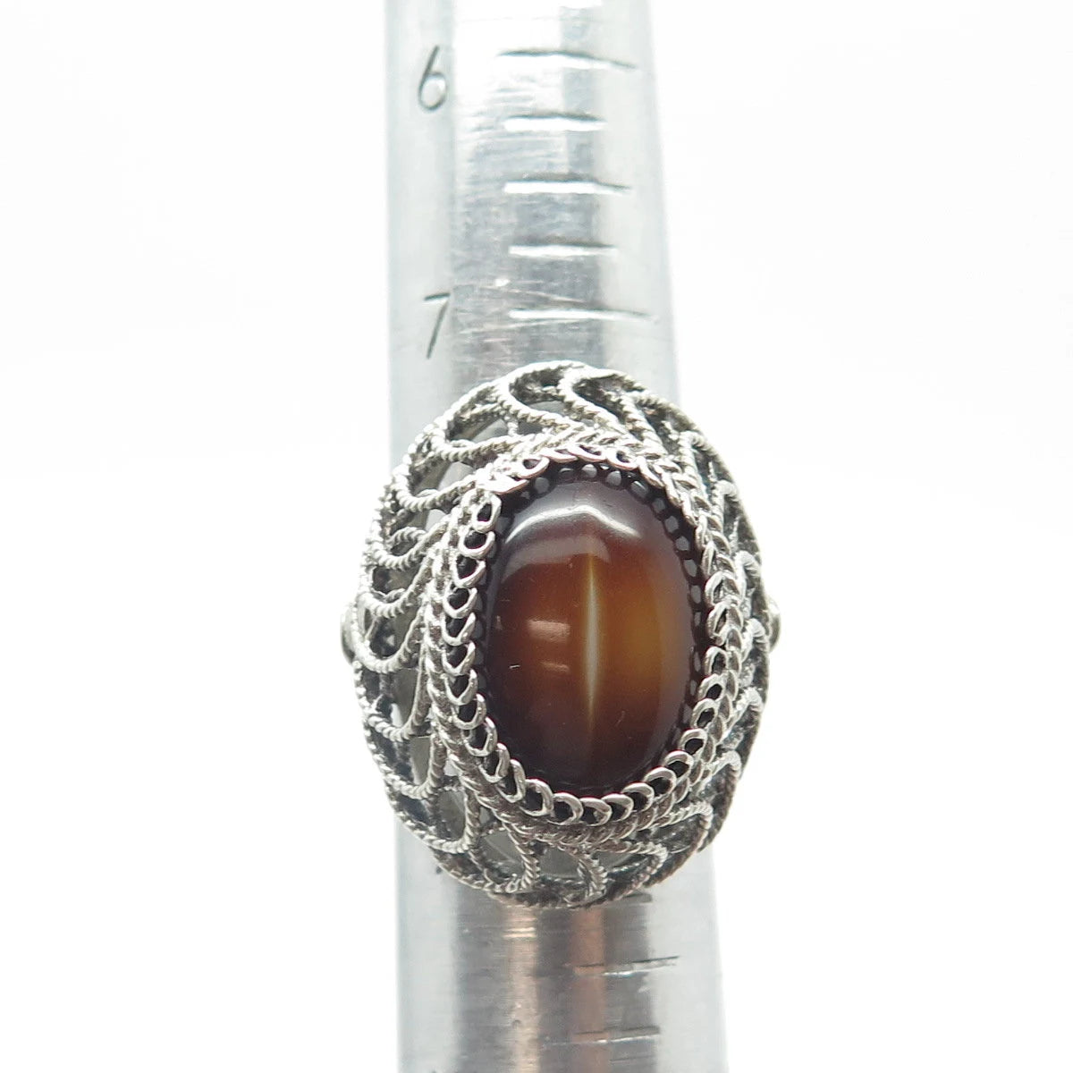 925 Sterling Silver Vintage Cat's Eye Imitation Filigree Statement Ring Size 8.5