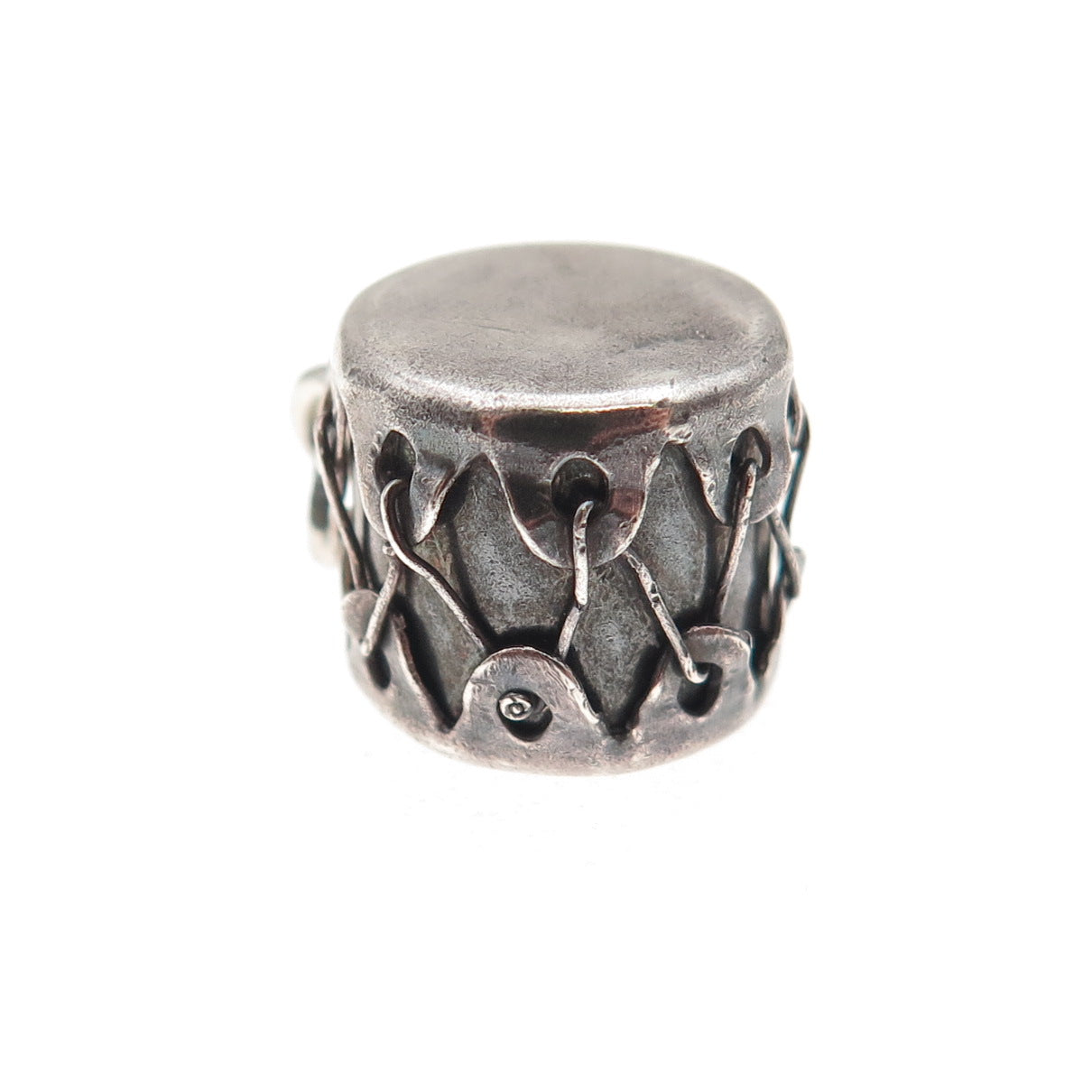 925 Sterling Silver Antique Art Deco Drum Oxidized 3D Mini Charm Pendant