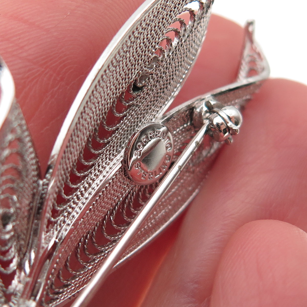 Sorrento 925 Sterling Silver Vintage Filigree Floral Box Pin Brooch