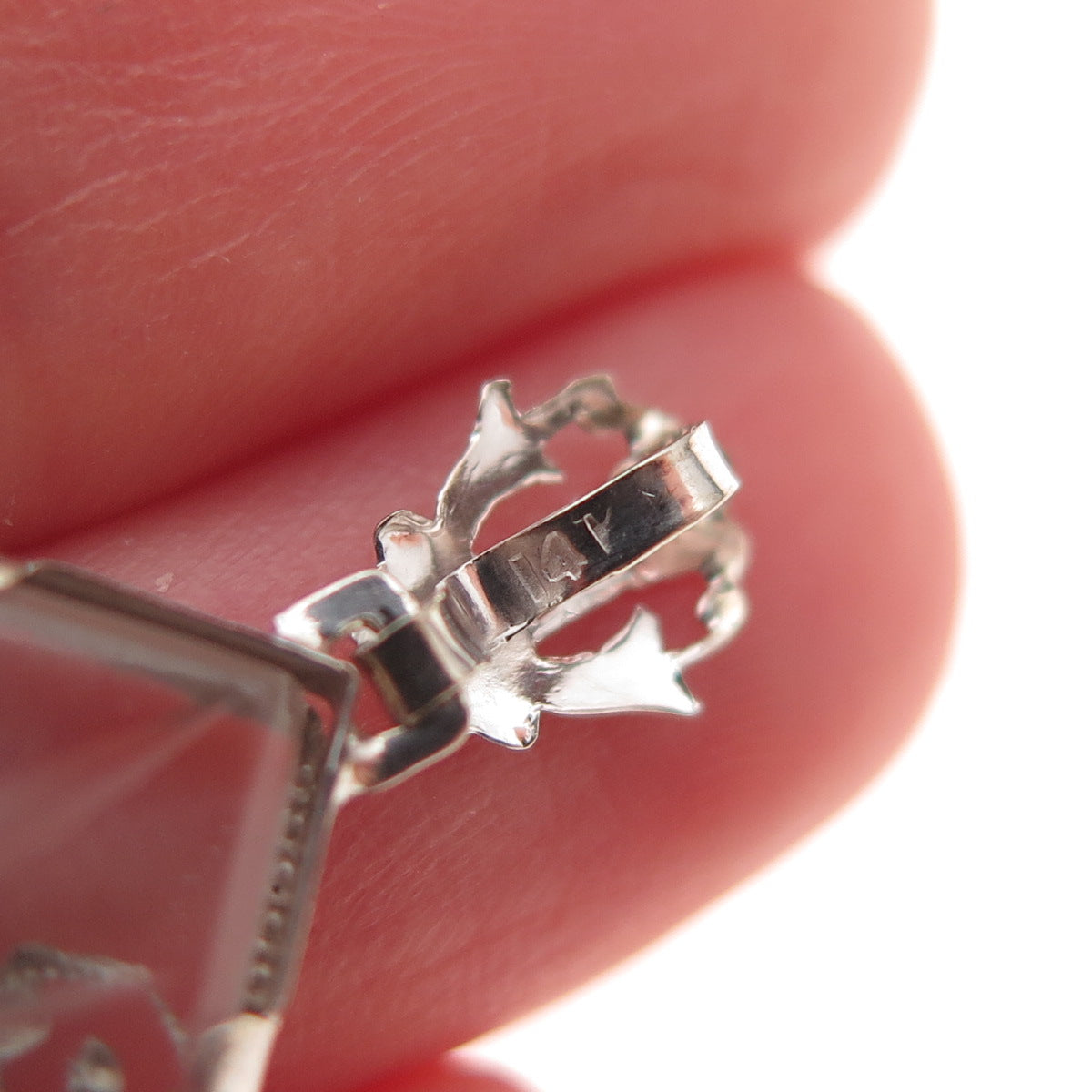 14K White Gold Antique Victorian Real Diamond Camphor Frosted Glass Pendant
