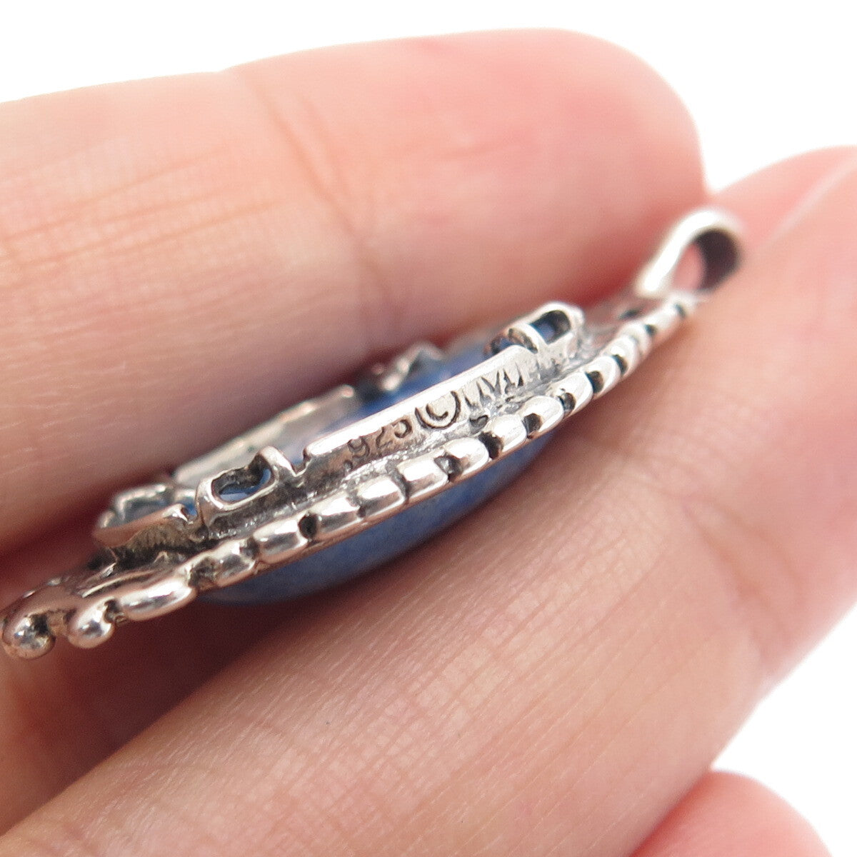 MORNING SUN 925 Sterling Silver Vintage Real Denim Lapis Beaded Pendant
