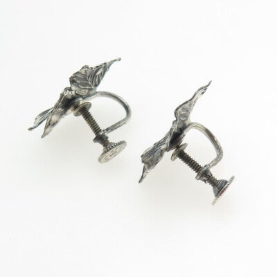 BEAU 925 Sterling Silver Antique Art Deco Maple Leaf Screw Back Earrings