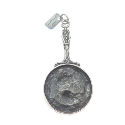REO CO. Sterling Silver Antique Art Deco Repousse Hand Mirror Oxidized Pendant