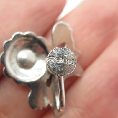 925 Sterling Silver Antique Art Deco Marcasite Gem Floral Screw Back Earrings